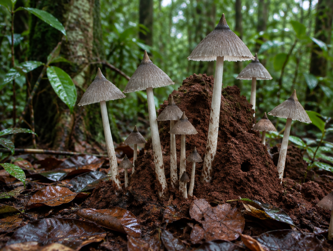 Wild Termitomyces mushrooms fruiting from a termite mound on the forest floor